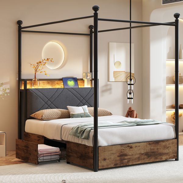 Himmelbett Metallbett Smart Bett LED Licht USB Ladefunktion Stauraum 90x190 cm,Schwarz & Holzoptik