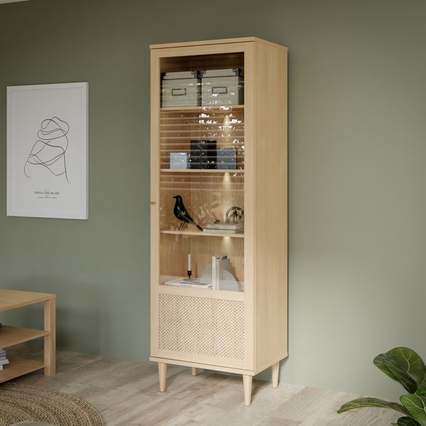 Forte CALASETTA Vitrine 60, Boho-Vitrinenschrank mit Rattangeflecht, 1-türig, Holzwerkstoff, Elegancia Eiche | Technorattan, 60,4 cm breit x 198,5 cm hoch x 41,4 cm tief
