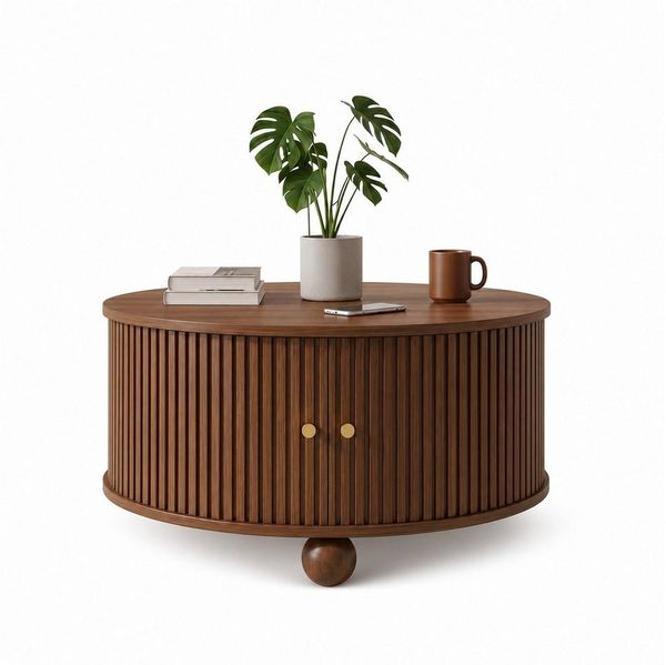 Merax Couchtisch Runder Satztisch Beistelltisch in Retro-Design (72 × 72 × 38 cm, 1-St), Wohnzimmertisch mit Schiebetüren, 4 Fächern, Metallfüße,Reliefstruktur