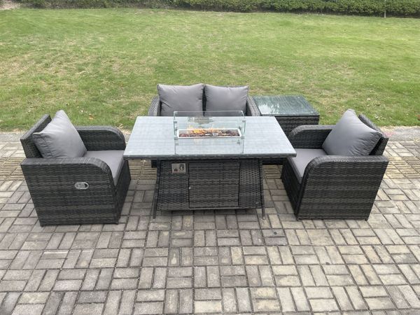 Fimous Rattan Gartenmöbel Set Gas Feuer Grube Esstisch mit Beistelltisch Stuhl Liebe Sitz Sofa