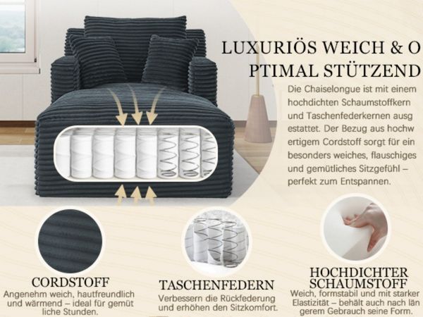 BlingBin Loungesofa Modernes Chaiselongue Sofa Chaiselongue-Sofa aus Cord, ohne Montage mit Taschenfederkern & Schaumstoffpolsterung 1 Teile, stilvolles 1-Sitzer-Liegesofa für Wohnzimmer, Büro oder Apartment