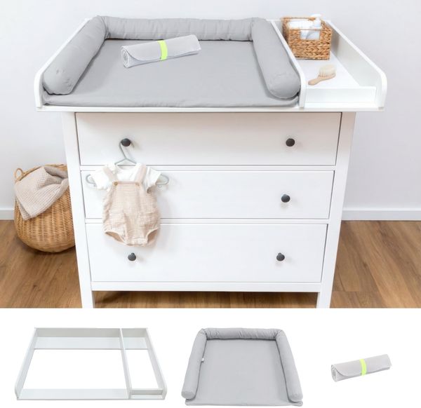 LIMMALAND Wickelaufsatz Set für IKEA HEMNES – mit Aufsatz, Wickelauflage & Umrandung aus 100% Baumwolle (Soft Grey, 108 cm Aufsatz, Auflage & Unterlage)