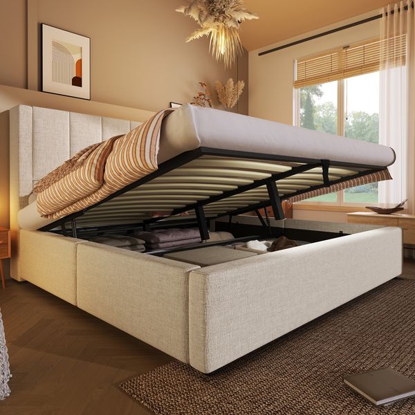 Polsterbett 180×200 cm mit hydraulischem Bettkasten und USB/Type-C-Ladestation, Beige, ohne Matratze