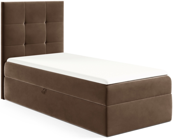 MEBLINI Kinderbett mit Bettkasten MINO 2 90x200 Links – H3/Braun Samt Gepolstert Einzelbett mit Matratze - Polsterbett mit Stauraum - Bett mit Kopfteil – Stauraumbett