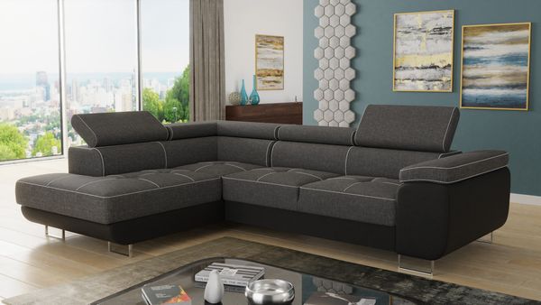 Ecksofa Caris mit Schlaffunktion, Bettkasten und einstellbare Kopfstützen (Schwarz + Dunkelgrau (Soft 011 + Sawana 05), Ecksofa Links)
