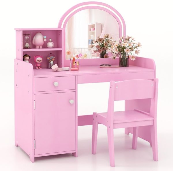 2 in 1 Kinder Schminktisch Set mit Hocker & LED-Lechten & Spiegel & Schublade Kosmetiktisch Rosa