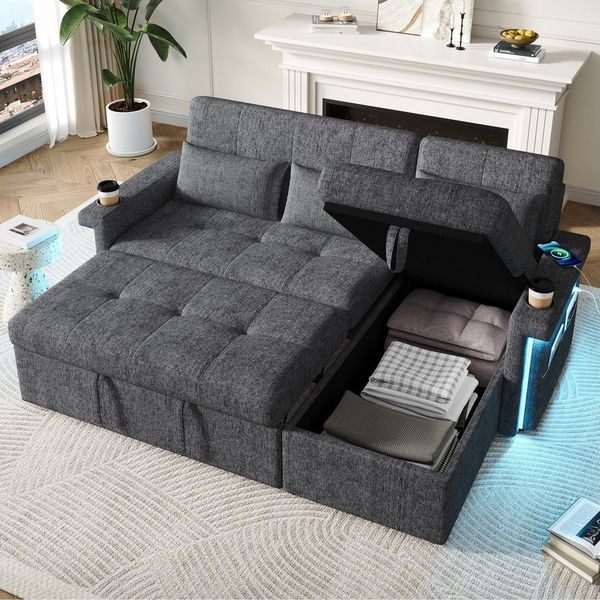 Merax Schlafsofa mit LED-Beleuchtung & USB, Ecksofa mit Schlaffunktion, Chenille 1 Teile, L-förmiges Sofa mit verstellbarer Rückenlehne, Stauraum & 3 Zierkissen