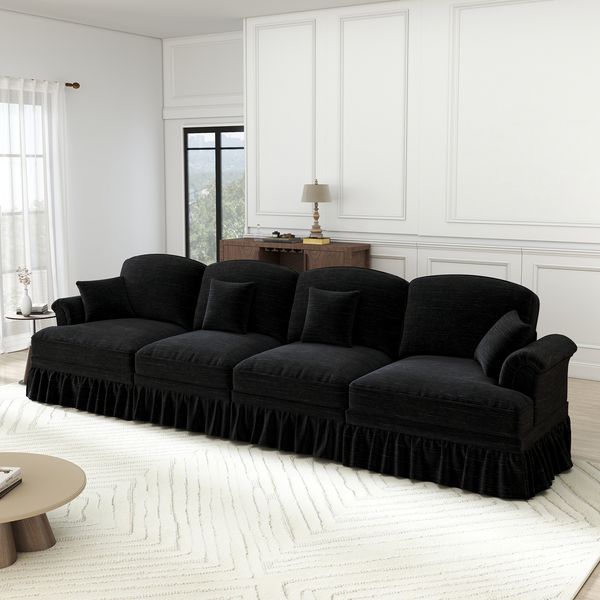 Flieks 4-Sitzer Sofa, Modular Sofa mit 4 Kissen, abnehmbarer Volant, Flared-Armlehnen & Holzbeinen, Chenille, Schwarz