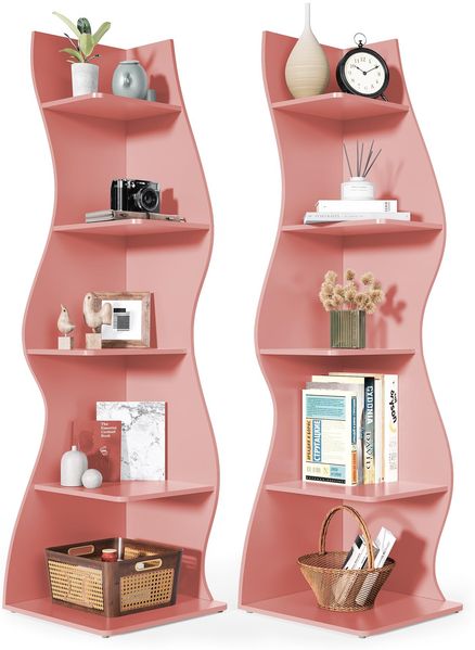 LITTLE TREE Bücherregal Ecke, Modernes Regal Schmal mit 6 Ebenen, 50 x 48 x 179 cm Bücherregal Holz, Standregal mit Wellen-Design für Kleine Räume, Wohnzimmer & Schlafzimmer, Rosa, 2er Pack