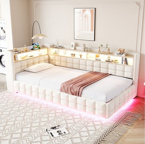 Flieks Daybett, Polsterbett 90x200cm mit hydraulischem Stauraum LED-Leiste USB/TYP-C