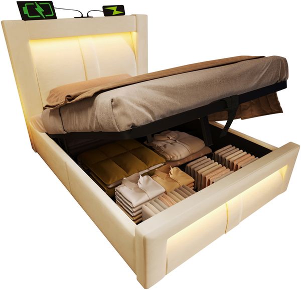 Polsterbett 90×200 cm mit Bettkasten, LED & USB-C, geschwungenes Kopfteil, Beige, mit Matratze Bild 8