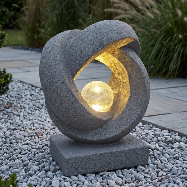 Arnusa LED Solarleuchte moderne Gartendeko Stein-Optik abstrakt Gartenleuchte mit Glaskugel, Dämmerungssensor, LED fest integriert, warmweiß, moderne Gartenskulptur kabellos 31x38 cm