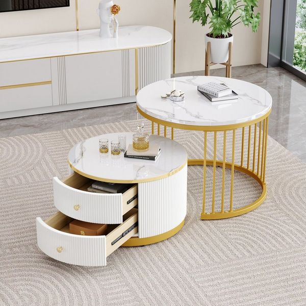 MODFU Couchtisch Couchtisch-Set in Nestform (Sofatisch, Wohnzimmertisch, 2-St, 60*60*45.5+50*50*32 cm), mit 2 Schubladen, hochglänzender Marmoroptik