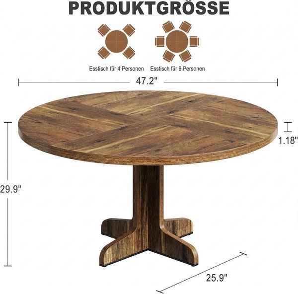 GarveeMore Esstisch Runder mit Holztischplatte und stabilem Fuß 4 Personen,120cm, Küchentische aus Holz für Esszimmer,Küche,Wohnzimmer
