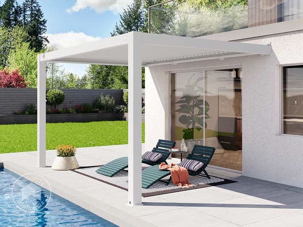 PRIMEYARD Terrassenüberdachung 3x4 m Aluminium-Pfosten mit Lamellendach aus Alu weiße Anbau-Pergola