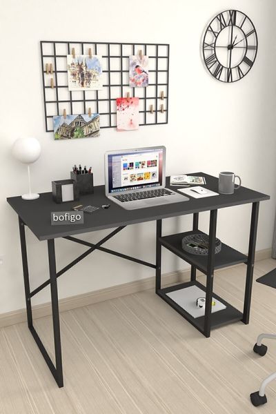 Schreibtisch mit 2 Ablagen 120 x 59.8 x 73.8 cm Melamine-faced particleboard; powder-coated frame Anthracite 90729965 [en. casa]