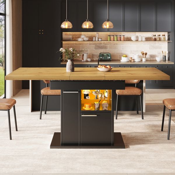 Merax Ausziehbarer Esstisch mit Stauraum und Farblichtsystem, für kleine Räume, platzsparend, modernes Design mit Glasablagen, Schwarz