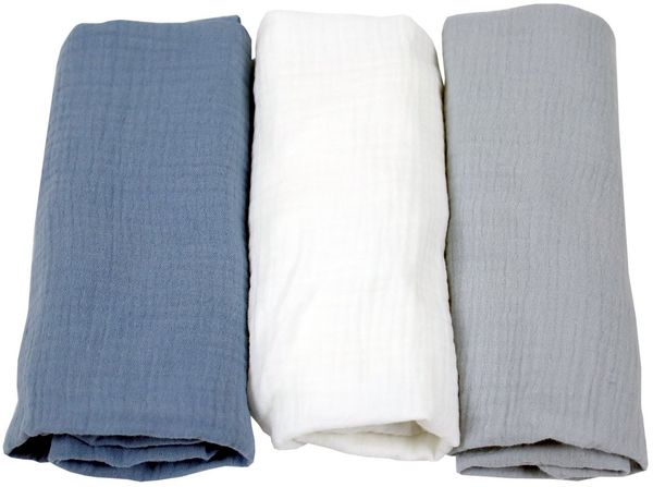 BabyLux Spannbettlaken Musselin Set – 3er Pack 40x80 cm für Kinderwagen Stubenwagen Babybett, Gummizug: ja, z15 Blau-Weiß-Grau