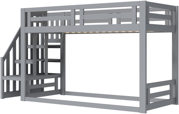 Kinderbett, Niedriges Etagenbett mit Sicherheitstreppe und Lattenrost, Etagenbettgestell aus Massivholz, Grau, 90×200 cm Bild 8