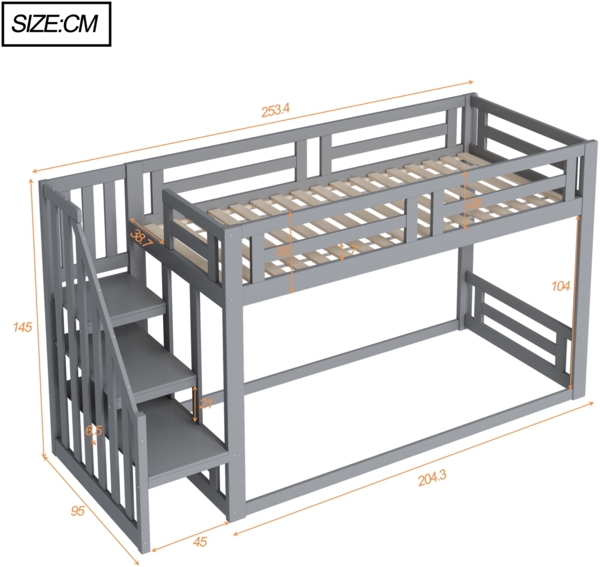 Kinderbett, Niedriges Etagenbett mit Sicherheitstreppe und Lattenrost, Etagenbettgestell aus Massivholz, Grau, 90×200 cm Bild 5