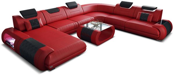 XXL Wohnlandschaft Rimini aus Leder - Büffelleder - rot-schwarz - Links