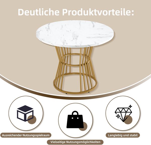 Esstisch mit MDF-Tischplatte in Marmoroptik, rund, Ø 100x75 cm, Weiß Bild 3