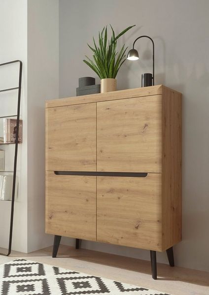 INOSIGN Highboard Torge, Kommode, Schrank, Sideboard, Anrichte, Mehrzweckschrank (1 St), abgeschrägte Füße, drei Farben, Scandi Design, 107 cm breit