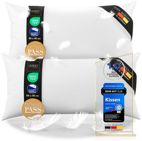 LILENO HOME 3-Kammer-Kopfkissen - Daunenkissen 40x80 & Daunenkissen 80x80 - langlebiges Baumwollkissen, Füllung: Außenkammern: 90% Daunen, 10% Federn, Innenkammer: 100% Entenfedern, Bezug: Baumwolle, Rückenschläfer, Seitenschläfer, Bauchschläfer, Spar-...
