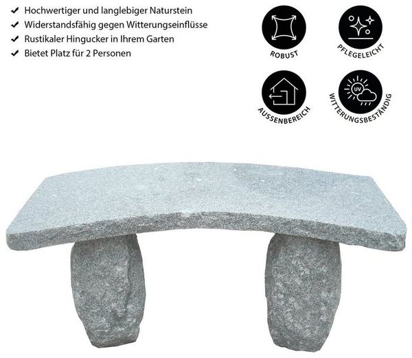 Dehner Gartenbank 2-Sitzer, 100 x 40 x 45 cm, Granit, grau, robuste und klassisch schöne Sitzbank mit gebogener Sitzfläche