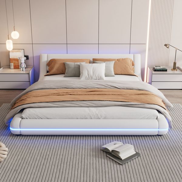 Bodenbett 160×200 cm mit LED-Beleuchtung, PU-Leder in Weiß, ohne Matratze