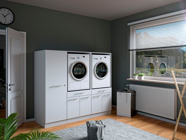 Laundreezy Waschraum Komplett-Set, Weiß - Modulares Schranksystem für Waschküche & Hauswirtschaftsraum - 186 x 162 x 68 cm (B/H/T)