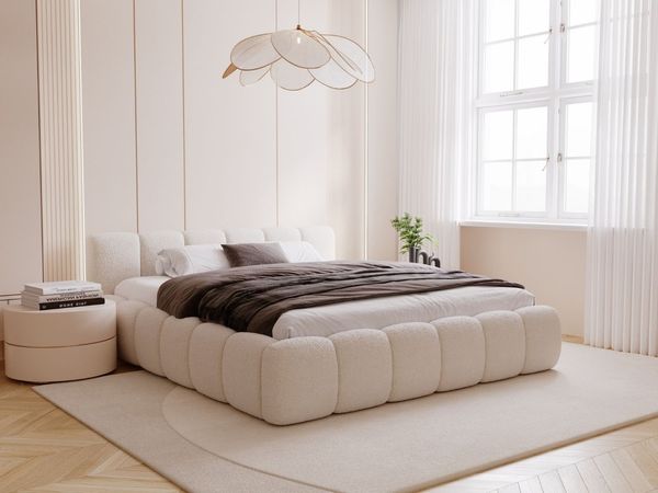 GRAINGOLD Cloud Low Bett 180x200, Polsterbett mit Bettkasten und Lattenrost, Bouclé-Stoff, Beige
