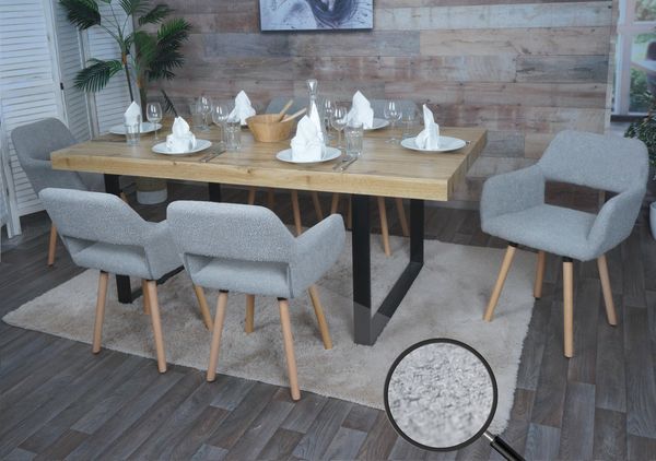 6er-Set Esszimmerstuhl HWC-A50 II, Stuhl Küchenstuhl Polsterstuhl, Holz Stoff/Textil Bouclé (450g/m²) FSC® ~ grau