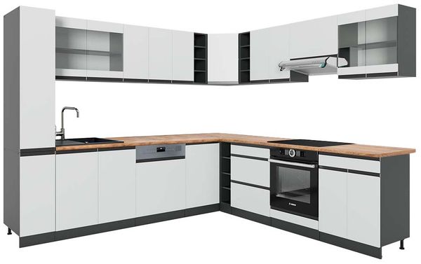Eckküche R-Line Weiß/Anthrazit 277 x 60 cm J-Shape, AP Eiche Vicco