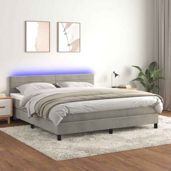 vidaXL Boxspringbett mit Matratze & LED Hellgrau 180x200 cm Samt 3134477