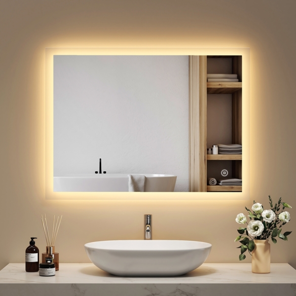 EMKE Badspiegel mit LED Beleuchtung 80x60cm Beschlagfrei 3 Lichtfarben Dimmbar Touch