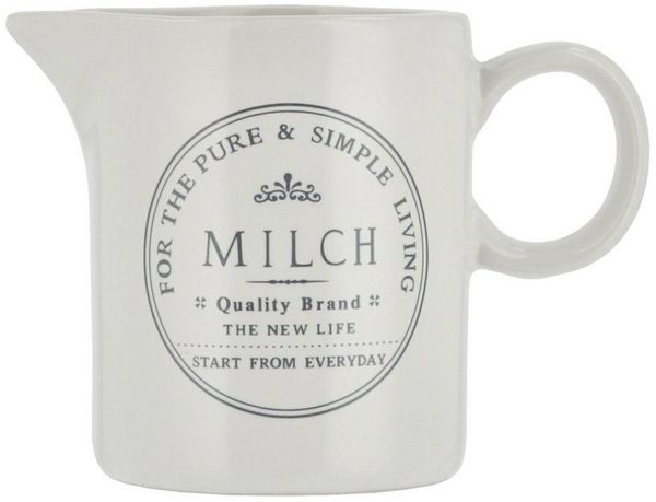 KHG Milchkännchen 150ml Kapazität, Milchkrug Keramik Steingut Weiß Zierschrift, Landhaus & Vintage Boho Stil, für den Kaffeeservice, Milchkanne klein mit Henkel & präzisem Ausgießer