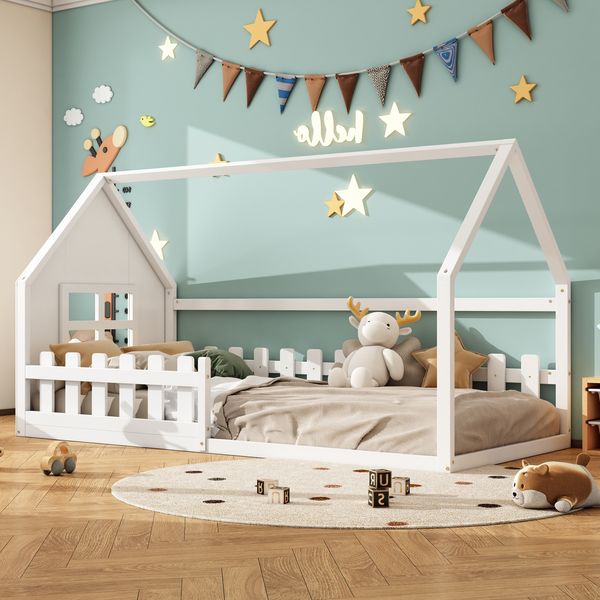 Kinderbett Hausbett aus Kiefer & MDF mit Lattenrost, 90x200 cm, Weiß, ohne Matratze