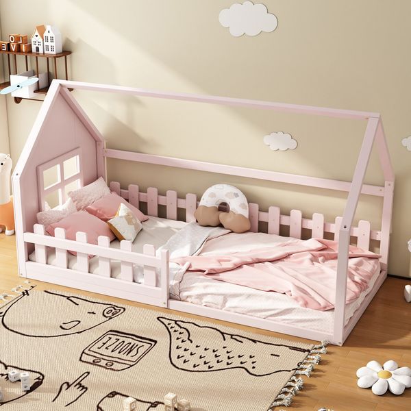 Hausbett mit Lattenrost und Rausfallschutz, 90x200 cm, Kinderbett, Kiefer