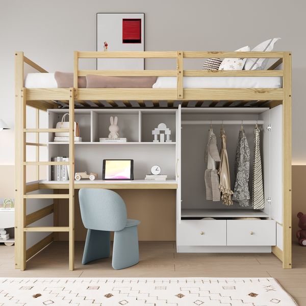 Hochbett Liegefläche 90x200 cm aus Holzmaterial mit Leiter, Schreibtisch, Kleiderschrank und Schubladen, ohne Matratze