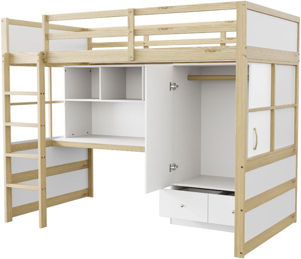 Hochbett Liegefläche 90x200 cm aus Holzmaterial mit Leiter, Schreibtisch, Kleiderschrank und Schubladen, ohne Matratze Bild 6