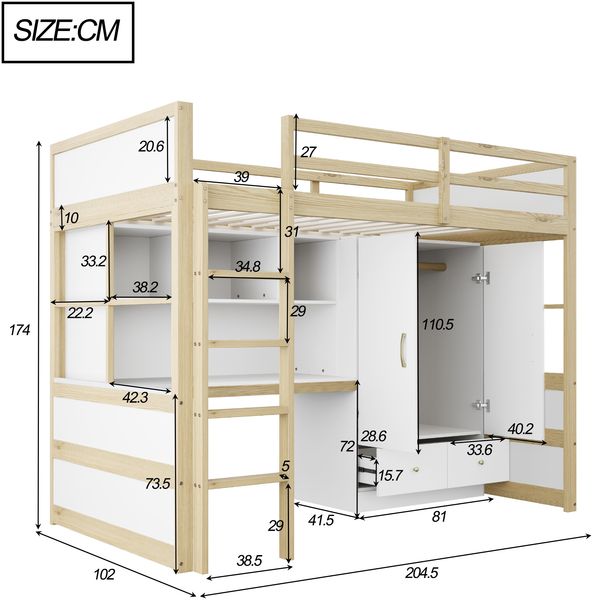 Hochbett Liegefläche 90x200 cm aus Holzmaterial mit Leiter, Schreibtisch, Kleiderschrank und Schubladen, ohne Matratze Bild 5