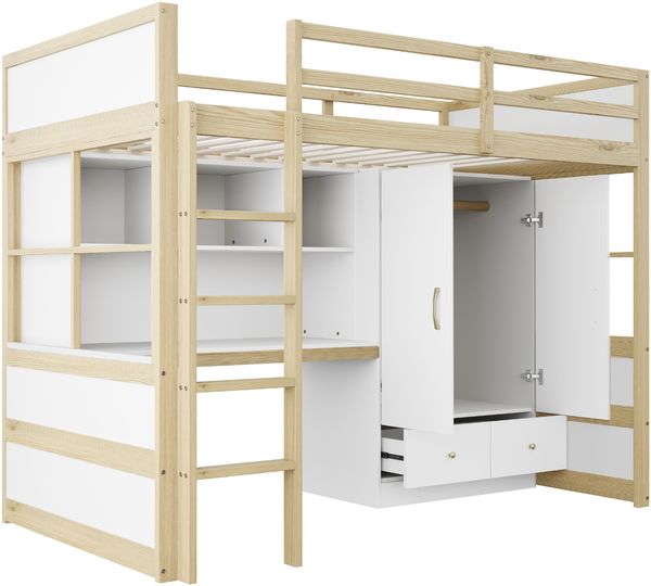 Hochbett Liegefläche 90x200 cm aus Holzmaterial mit Leiter, Schreibtisch, Kleiderschrank und Schubladen, ohne Matratze Bild 8
