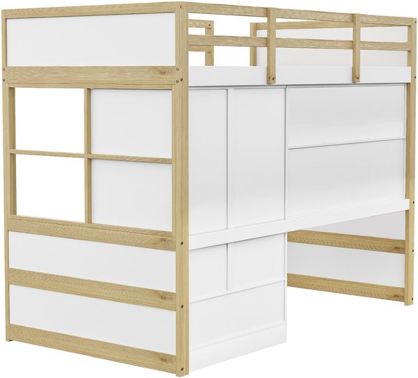 Hochbett Liegefläche 90x200 cm aus Holzmaterial mit Leiter, Schreibtisch, Kleiderschrank und Schubladen, ohne Matratze Bild 9