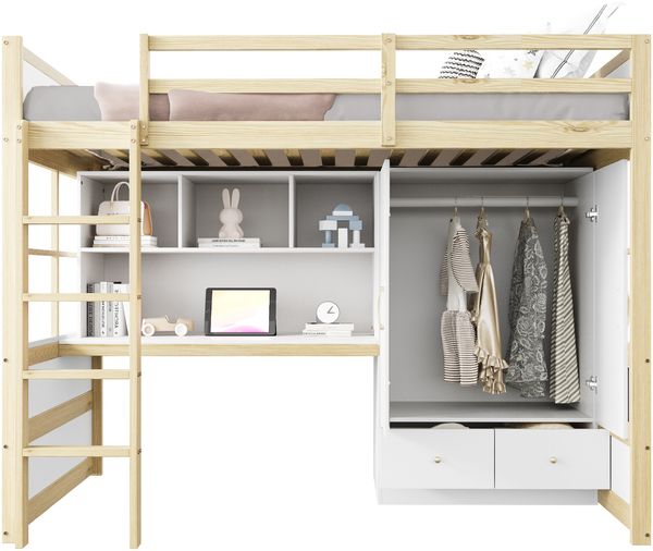 Hochbett Liegefläche 90x200 cm aus Holzmaterial mit Leiter, Schreibtisch, Kleiderschrank und Schubladen, ohne Matratze Bild 7