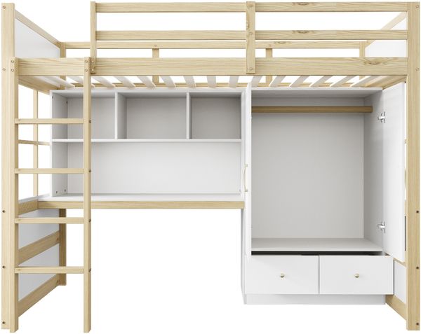 Hochbett Liegefläche 90x200 cm aus Holzmaterial mit Leiter, Schreibtisch, Kleiderschrank und Schubladen, ohne Matratze Bild 10