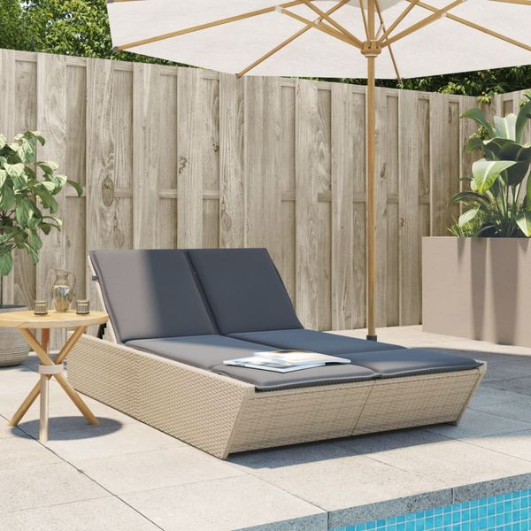 Doppel-Sonnenliege, Gartenliege mit Auflagen Beige Poly Rattan