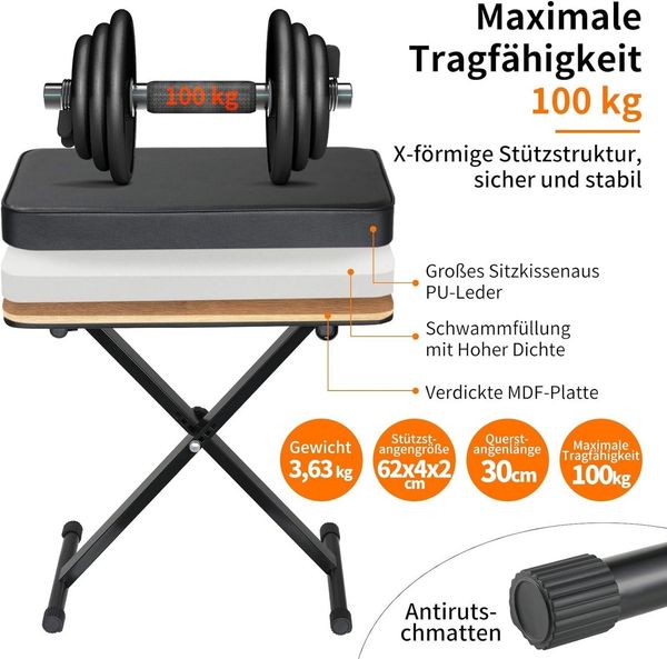 TLGREEN Klavierbank, Klavierhocker mit 8CM PU Kissen (Keyboardhocker, Klavierstuhl Hocker für Piano Keyboard), Höhenverstellbarer, X-förmiger Keyboard Hocker,Klappbare