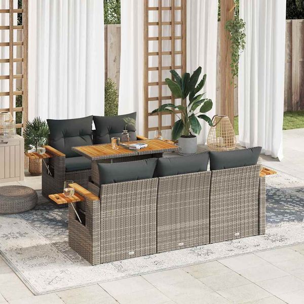 vidaXL 6-tlg. Garten-Sofagarnitur mit Kissen Grau Poly Rattan Akazie 3327553