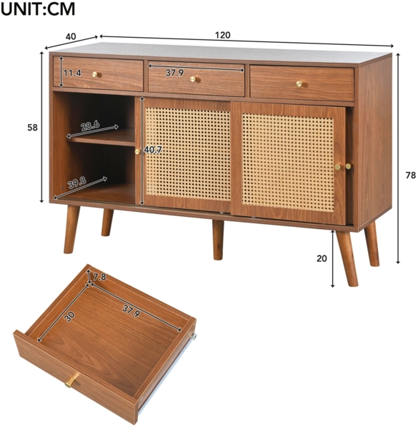 Merax Sideboard mit 3 Schubladen und 3 Schwebetüren, Rattangeflecht, Kommode mit verstellbaren Einlegböden, Anrichte, B/H/T: 120/40/78cm Bild 5